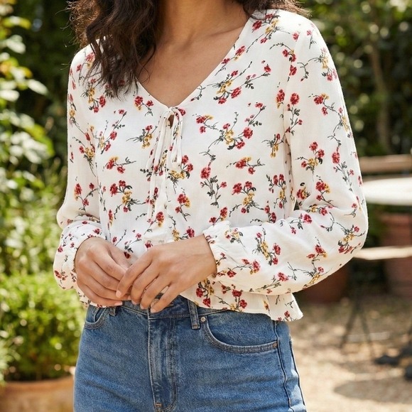Fratini Tops - Women's Floral Peasant Peplum Blouse XL Tie Neck Long Sleeve Boho Cottagecore